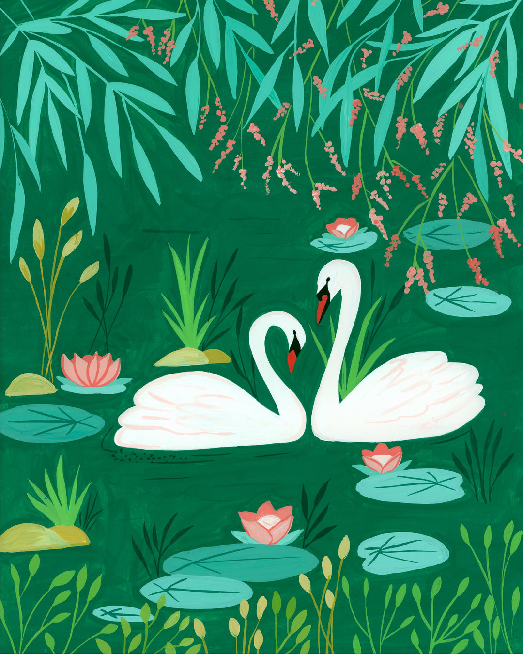 Twin swans in green pond